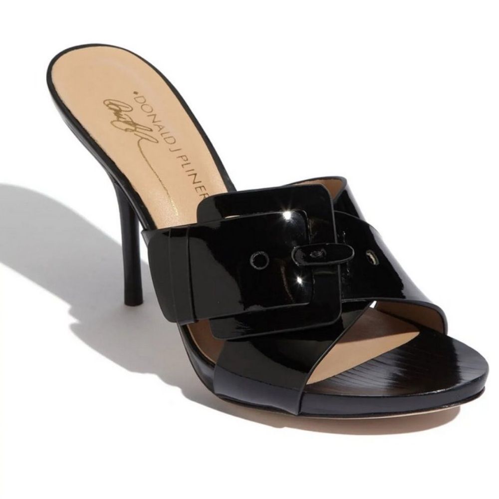 Donald J Pliner Elaine Black Patent Leather Heel Sandal Size 9 VGUC